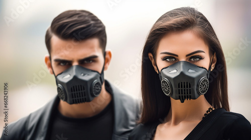Young man and woman, possibly Asian, in gas masks, serious and focused in front of a building, indicating a potentially hazardous environment or protective activity.