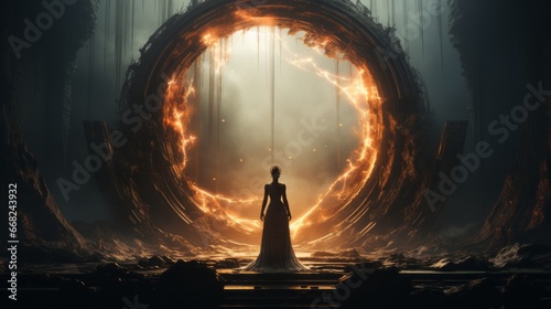 A fiery-haired woman stood before a towering cave arch, the heat of the flames dancing in her eyes
