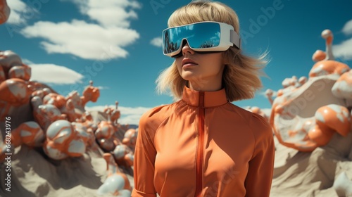 A woman in stylish sunglasses gazes at endless desert sky, her goggles shielding her from blazing sun as she stands confidently in her outdoor oasis, a true vision of strength and determination
