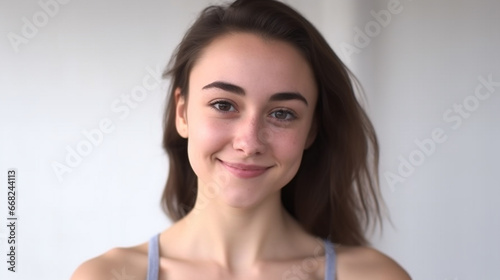 Young Caucasian woman in grey tank top, smiling in a minimalist white room, exuding happiness and confidence