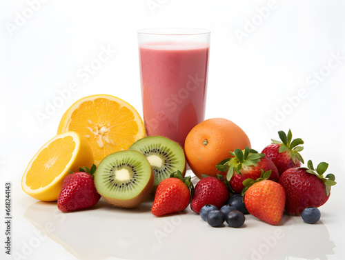 A purple fruit smoothie surrounded by fruit. Perfect for highlighting healthy drinks and summer refreshments.