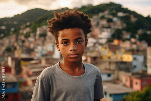 African American boy against the backdrop of mountains and favelas