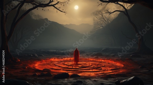 As the moon hung low in the foggy night sky, a solitary figure stood amidst a blazing circle of fire, surrounded by the eerie silhouette of trees in a wild and untamed outdoor landscape