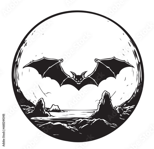 Bat on the background of the moon hand drawn sketch Halloween Vector