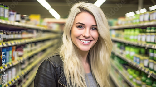 Young woman shops for groceries with a bright smile in a well-stocked store