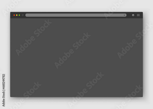 The design of the web browser window in gray on a dark background. Vector frame of a website template with a shadow. Night mode theme. Vector illustration.