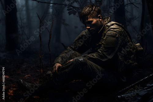 dirty tired soldier sleeps sitting on deep forest floor at autumn night. Neural network generated image. Not based on any actual person or scene.