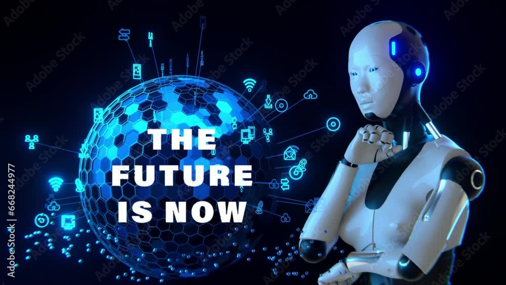 Robot observando el mundo intercomunicado, con mirada dominante, moviendo sus brazos, la IA está presente en todo. Texto The future is now con pulsaciones.