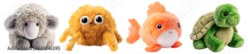 Set of fur plush stuffed animal toy on transparent background cutout, PNG file. Many assorted different design. Mockup template for artwork graphic design