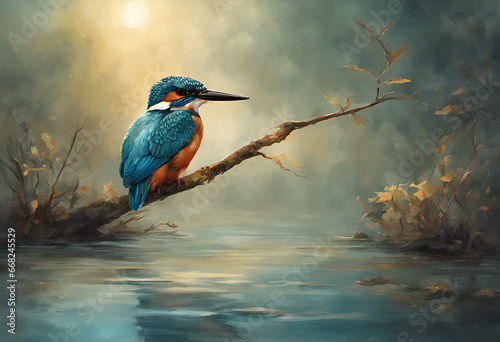 A Kingfisher is sitting on a branch at a pond