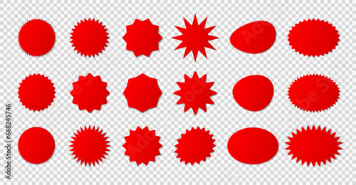 A large set of insulated price tags, discount stickers with ribbed edges on a white background. Red discount banners. Vector illustration.