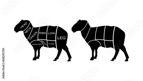 Sheep meat diagram, black isolated silhouettes set