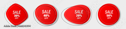 A set of four insulated price tags, discount stickers with ribbed edges on a white background. Red discount banners. Vector illustration.