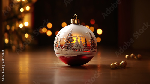 Eine Weihnachtsbaumkugel, rot, gold, silber mit Wald und Hütten-Motiv, dekorativ präsentiert photo