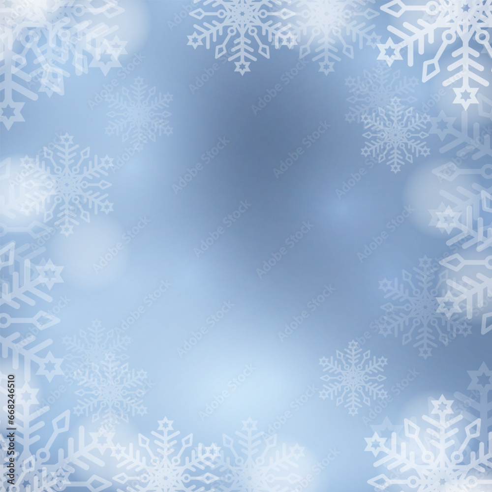 Winter snow background with snowflakes and sparks. Snowfall on a blue background. Christmas background. Falling snow. Vector illustration.
