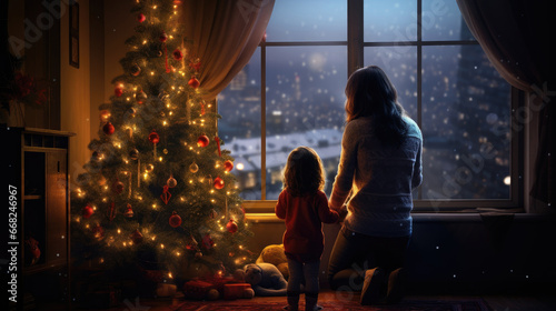 child near Christmas tree in living room