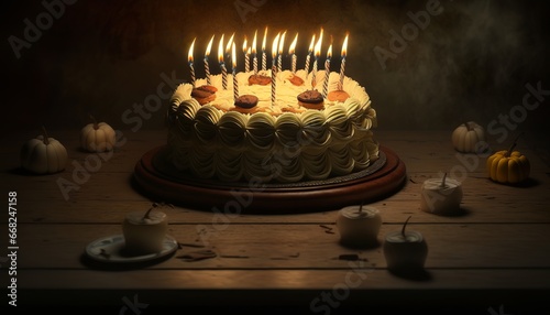 celebration with burning canles birthday cake design illustration	 photo