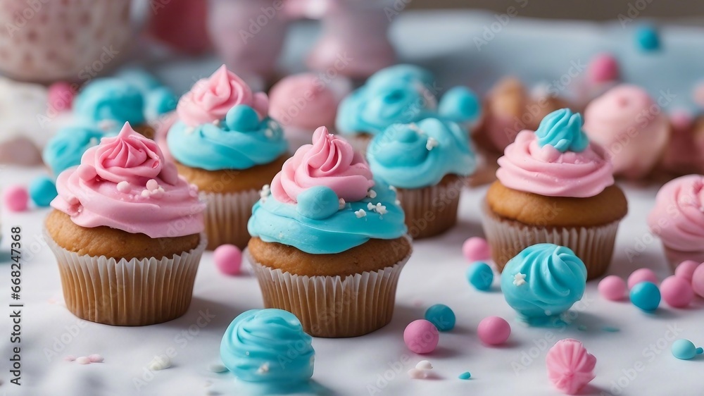 cupcakes with pink and blue frosting and sprinkles _ Cupcakes with pink and blue frosting and baby-themed decorations on a white tablecloth.   