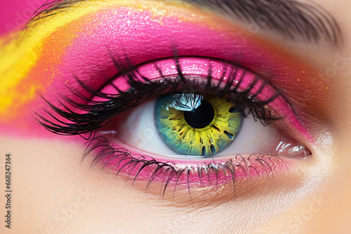 The close up detail of a woman’s hazel  green fleek  blue fleek eye with shocking pink and yellow eyeshadow and black long lashes, Generative AI. photo