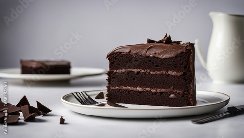 chocolate cake on a plate A slice of chocolate cake with one cut slice. The cake has a dark brown color and a moist texture. 