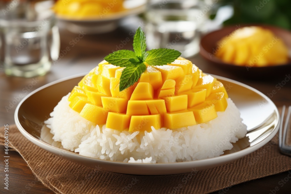 Taste the Flavors of Thailand. Mango Sticky Rice Dessert. Generative AI