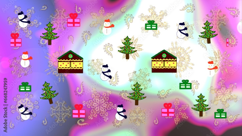 Fototapeta premium Raster cartoon drawing of Christmas suburban houses with making a snowman. Raster illustration. Illustration on violet, neutral and white colors.