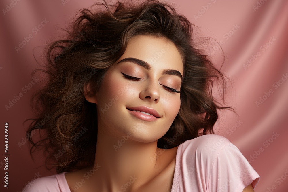 Close-up studio portrait of a beautiful young Caucasian woman. A cheerful girl with a great hairstyle, a wide charming smile and flawless makeup. Youth and beauty. Isolated on pink background. Close-up studio portrait of a beautiful young Caucasian woman. A cheerful girl with a great hairstyle, a wide charming smile and flawless makeup. Youth and beauty. Isolated on pink background.
