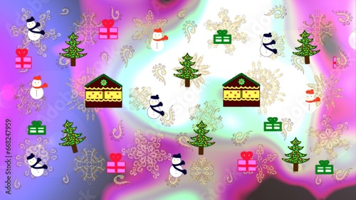 Raster cartoon drawing of Christmas suburban houses with making a snowman. Raster illustration. Illustration on violet, neutral and white colors. photo