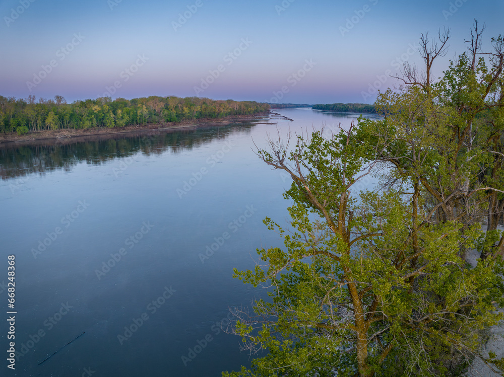 spring dawn over the Missouri River at Dalton Bottoms, MO - aerial view