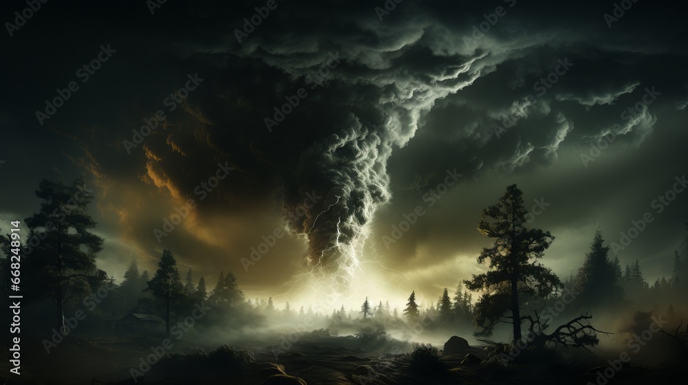 Fototapeta premium Tornado over a field and a city. Dangerous weather with strong winds.