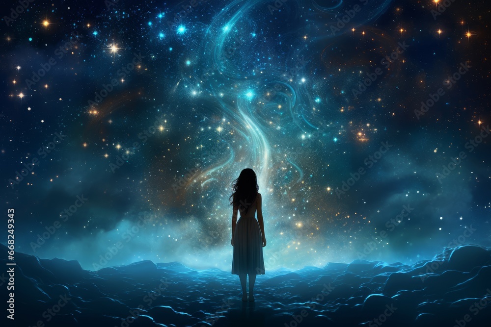 Patient Astronomer starry sky night woman. Star science. Generate Ai