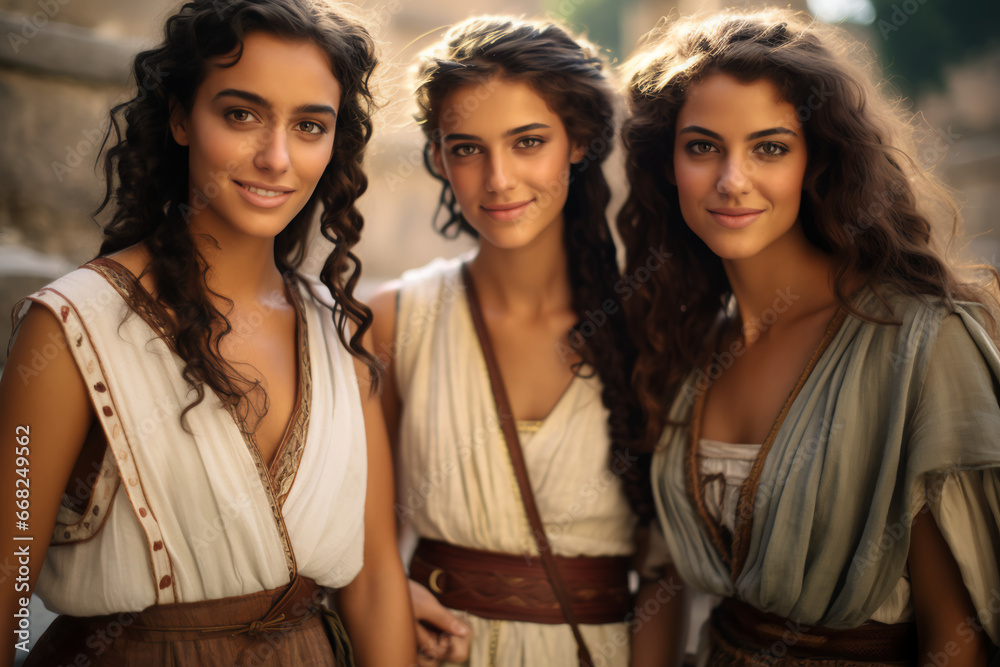 Photo of three young women in ancient Rome, wearing ancient Roman clothes, summer
Photo of three young women in ancient Rome, wearing ancient Roman clothes, summer