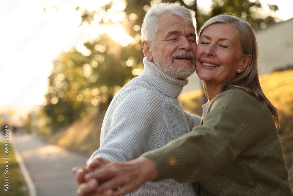 Affectionate senior couple dancing together outdoors at sunset, space for text