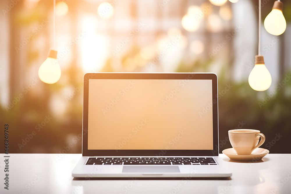 Computadora portátil en una oficina moderna junto con cafe. Creando un espacio de trabajo tranquilo. Computadora portátil en una oficina moderna junto con cafe. Creando un espacio de trabajo tranquilo.