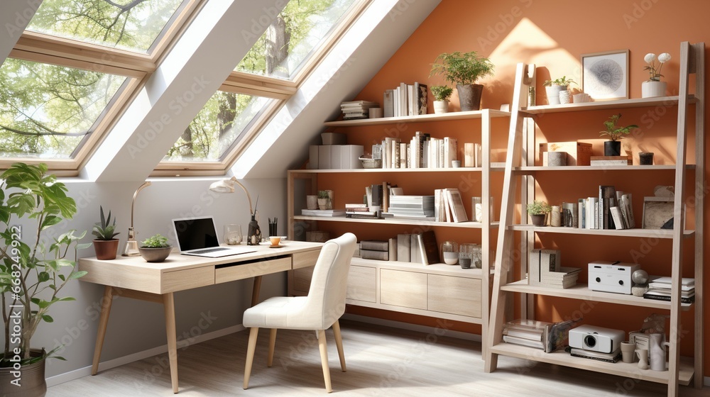 A minimal home office with view from window, wall-mounted desk, modern chair and a bookcase A minimal home office with view from window, wall-mounted desk, modern chair and a bookcase
