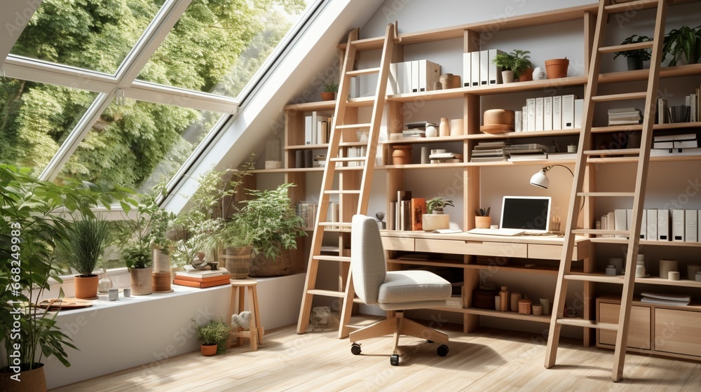 A minimal home office with view from window, wall-mounted desk, modern chair and a bookcase A minimal home office with view from window, wall-mounted desk, modern chair and a bookcase