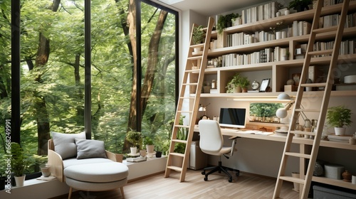 A minimal home office with view from window, wall-mounted desk, modern chair and a bookcase photo