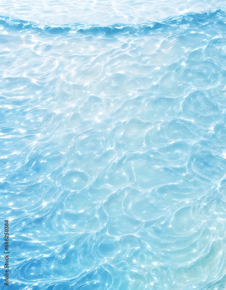  transparent blue colored clear calm water surface texture with splash, bubble. Shining blue water ripple background. Surface of water in swimming pool. Blue bubble water shining.