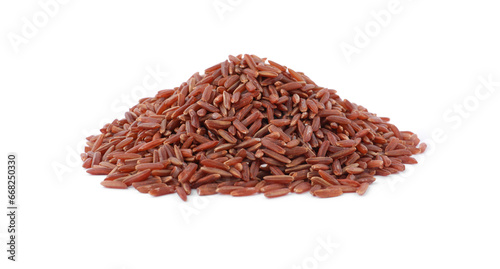 Pile of raw red rice isolated on white