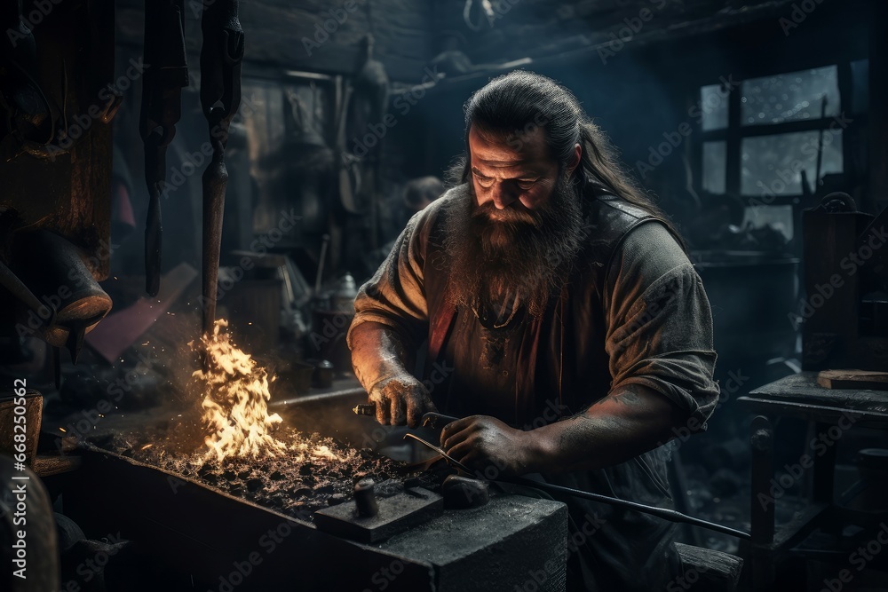 Sturdy Blacksmith strong man forge. Workshop job. Generate Ai