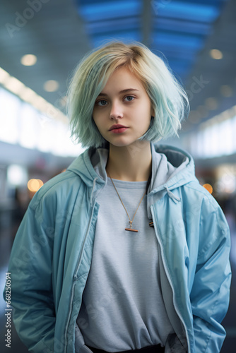 Photo of a teenage girl with short hair, wearing a light blue jacket, at an airport terminal, summer