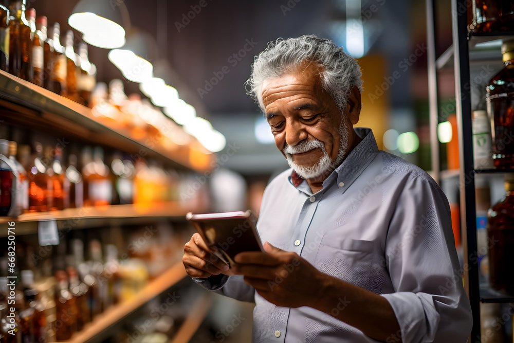 senior Mexican man choosing a product in a grocery store. Neural network generated image. Not based on any actual person or scene. senior Mexican man choosing a product in a grocery store. Neural network generated image. Not based on any actual person or scene.