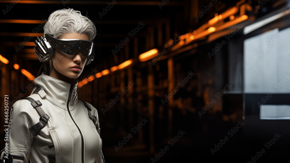 Super sexy Model Frau mit weißer Leder und Lack Designer Kleidung und futuristischer Cyberspace Brille, ai generativ