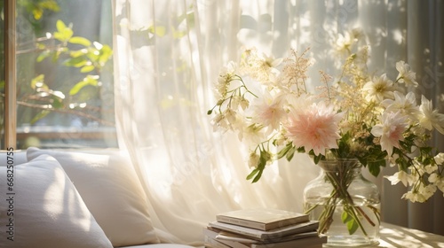 beautiful flower vase near window curtain morning sunlight from window freshness moment home interior abckground