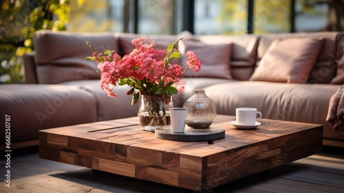 beautiful closeup coffeetable with hot coffee drink in living room home interior design background easy comfort lifestyle at home photo