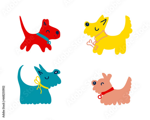 Vector graphic clipart with doodle silhouettes dogs in collars. Hand drawn cartoon animals collection. Perfect for tee  poster  card  sticker.