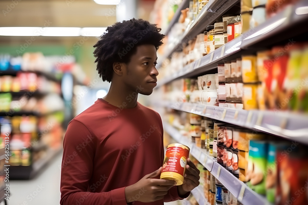 young adult African American man choosing a product in a grocery store. Neural network generated image. Not based on any actual person or scene.