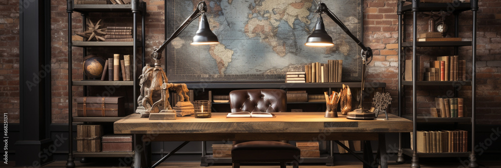 Industrial-style home office with a reclaimed wood desk Design and a bookshelf