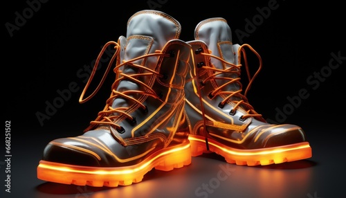 Modern black and yellow boots with glowing sole
