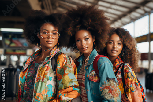 Photo of three black teenage girls, wearing trendy clothes, at an airport terminal, summer